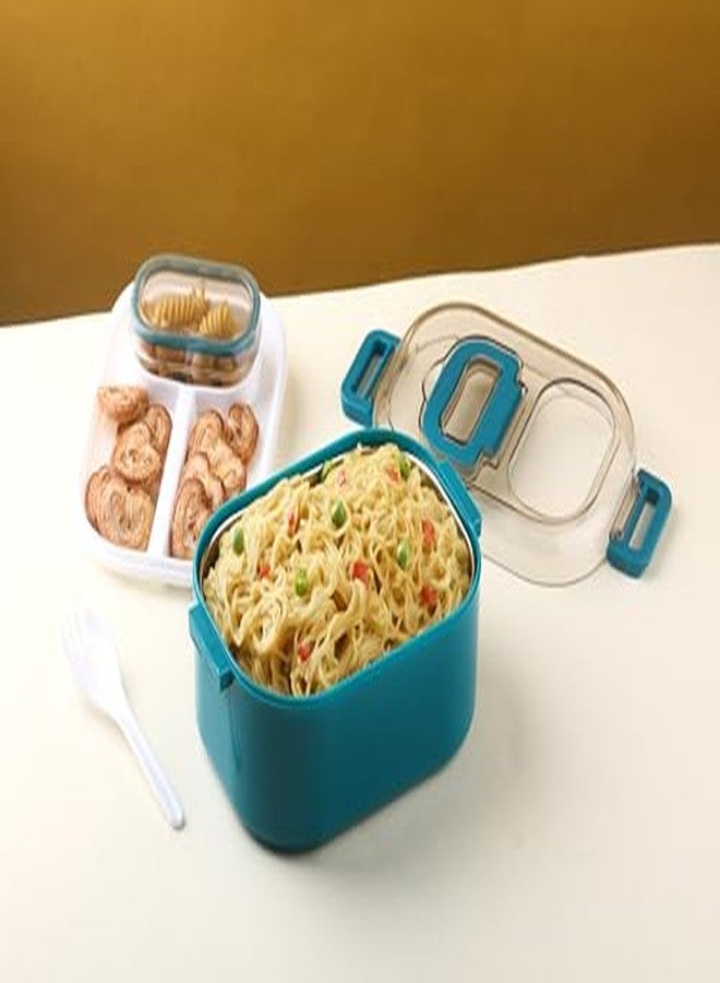 Attro Happy Meal Lunch Box Comes with 1 Small Container, Stylish Anti Spill Lid & 1 Baby Spoon Outer Plastic & Inner Stainless Steel BPA Free, Food Grade - 700ml Peacock Green - Image 3